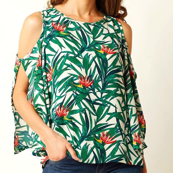 Floral print green & white cut off sleeves cold shoulder casual top blouse